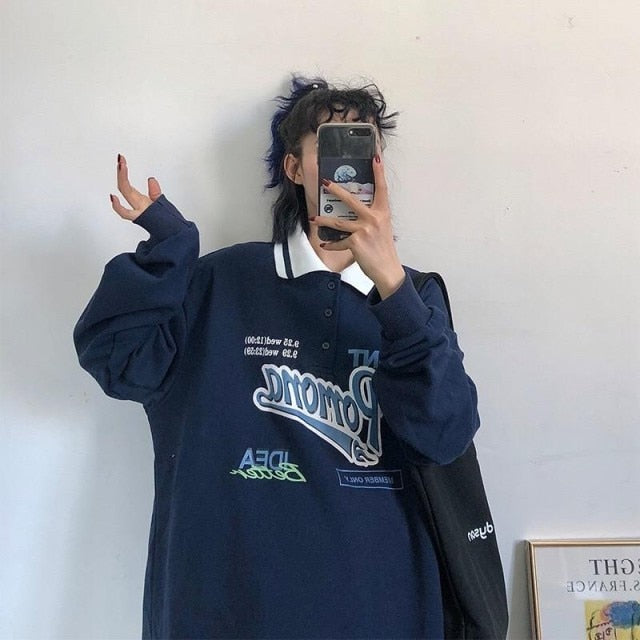 Polo Collar Oversized Letter Print Sweatshirt Long Sleeve Loose Buttons Tops - MERGE.DAY.1.FREESTYLE