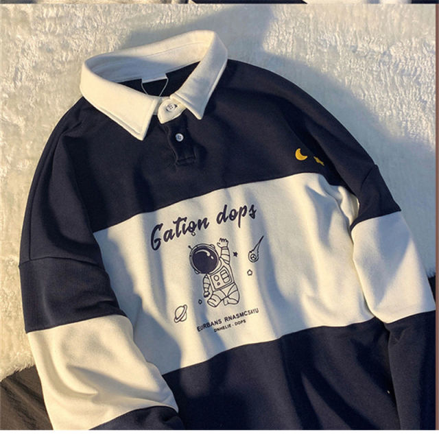 Polo Collar Oversized Letter Print Sweatshirt Long Sleeve Loose Buttons Tops - MERGE.DAY.1.FREESTYLE