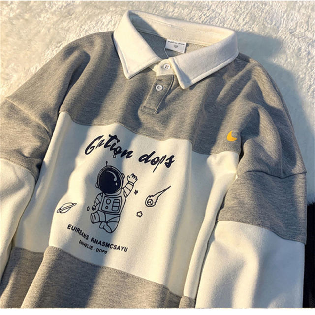 Polo Collar Oversized Letter Print Sweatshirt Long Sleeve Loose Buttons Tops - MERGE.DAY.1.FREESTYLE