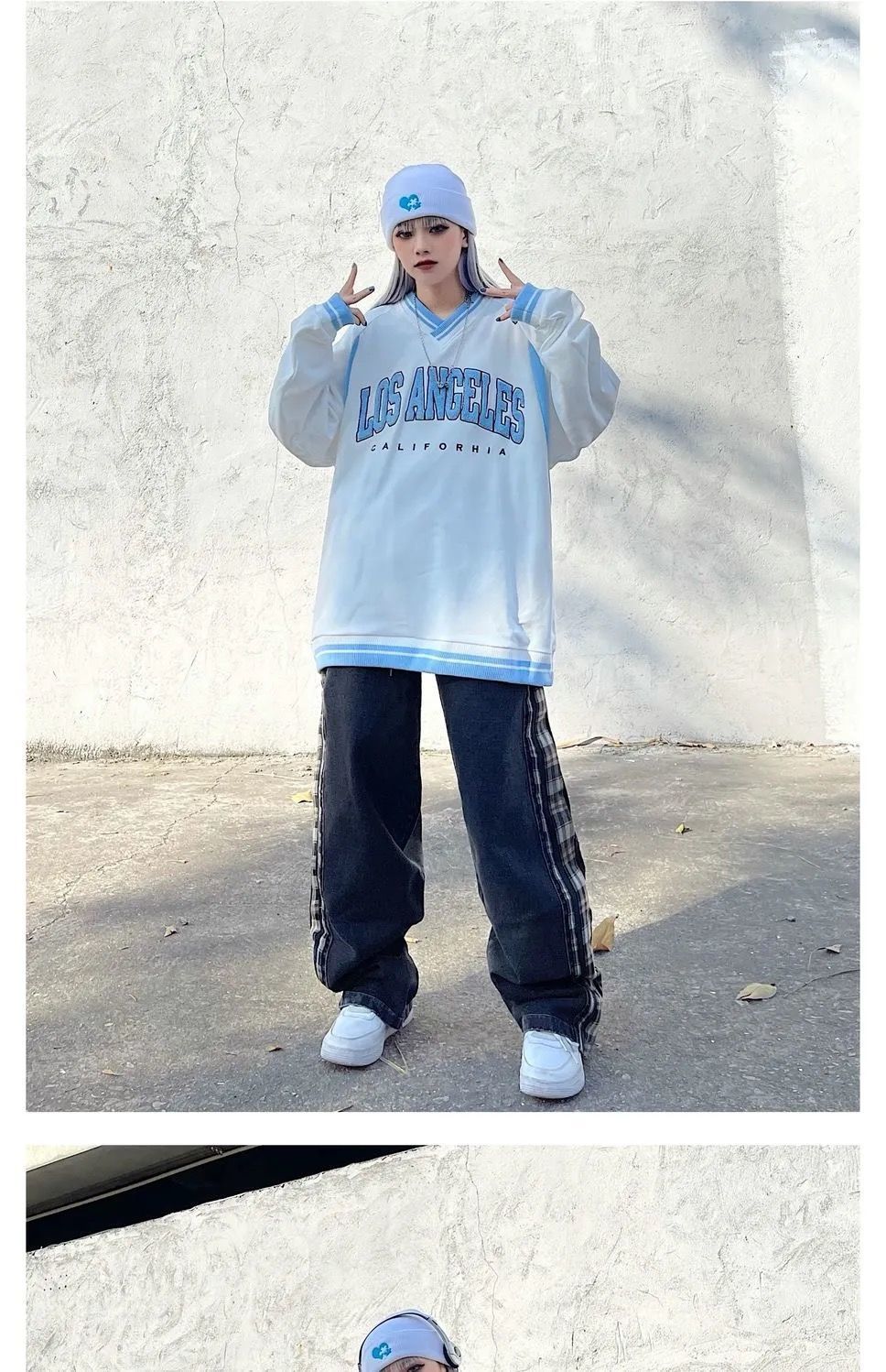 LOS ANGELES CALIFORHIA Embroidered Sweatshirts Oversized V Neck Pullovers - MERGE.DAY.1.FREESTYLE