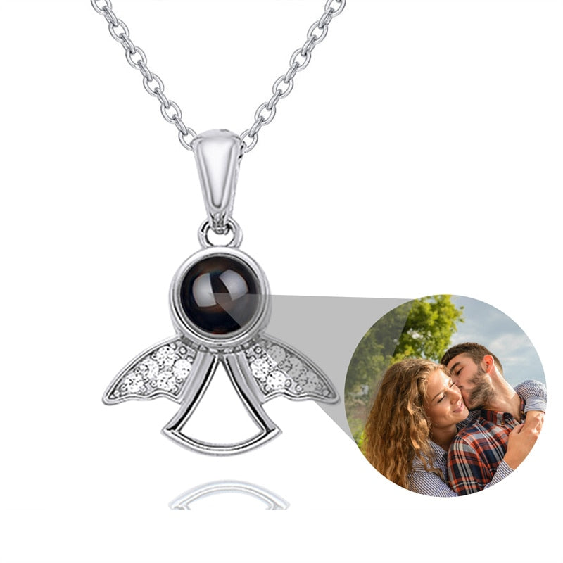 Projection Photo Memory Necklace Angel Pendant With Crystal Wing Personalized Jewelry - MERGE.DAY.1.FREESTYLE