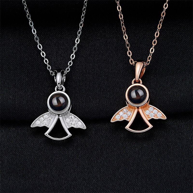 Projection Photo Memory Necklace Angel Pendant With Crystal Wing Personalized Jewelry - MERGE.DAY.1.FREESTYLE