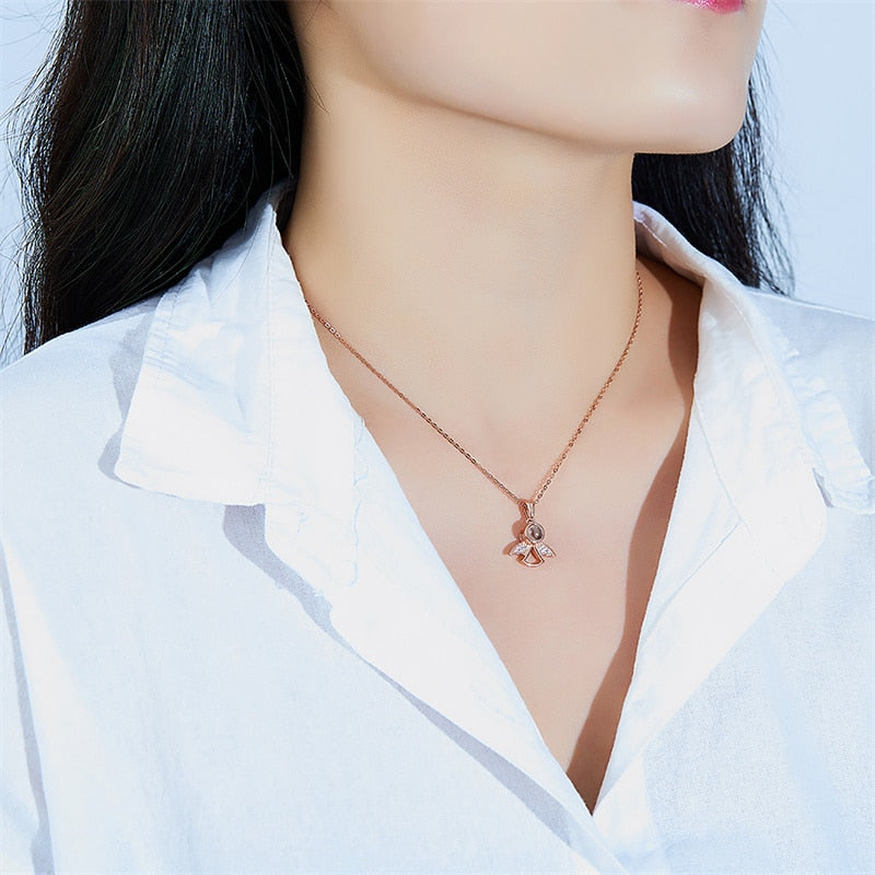 Projection Photo Memory Necklace Angel Pendant With Crystal Wing Personalized Jewelry - MERGE.DAY.1.FREESTYLE