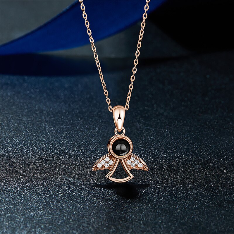 Projection Photo Memory Necklace Angel Pendant With Crystal Wing Personalized Jewelry - MERGE.DAY.1.FREESTYLE