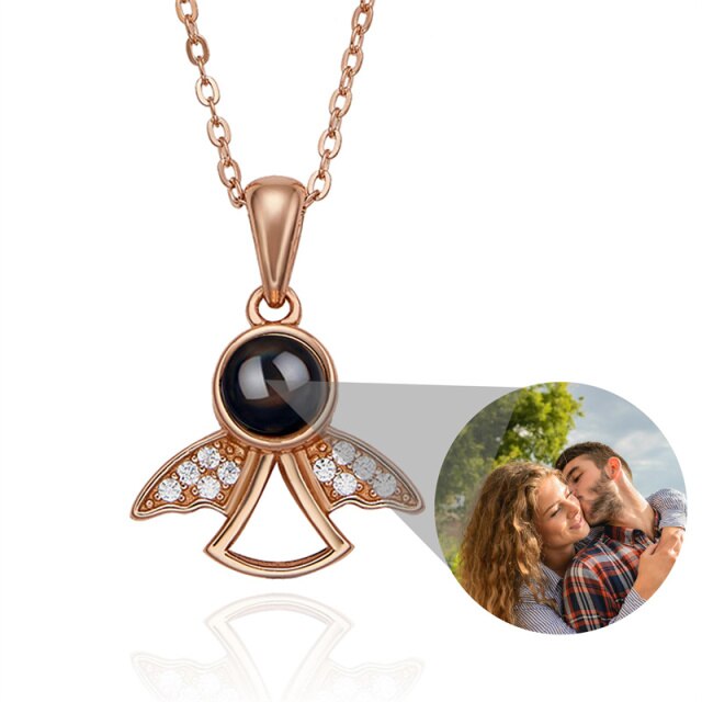 Projection Photo Memory Necklace Angel Pendant With Crystal Wing Personalized Jewelry - MERGE.DAY.1.FREESTYLE