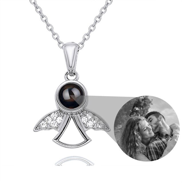 Projection Photo Memory Necklace Angel Pendant With Crystal Wing Personalized Jewelry - MERGE.DAY.1.FREESTYLE