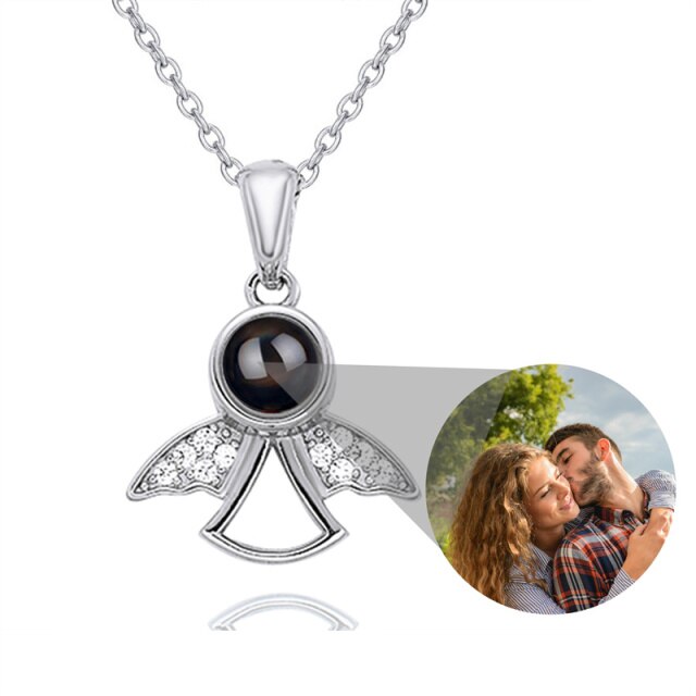 Projection Photo Memory Necklace Angel Pendant With Crystal Wing Personalized Jewelry - MERGE.DAY.1.FREESTYLE
