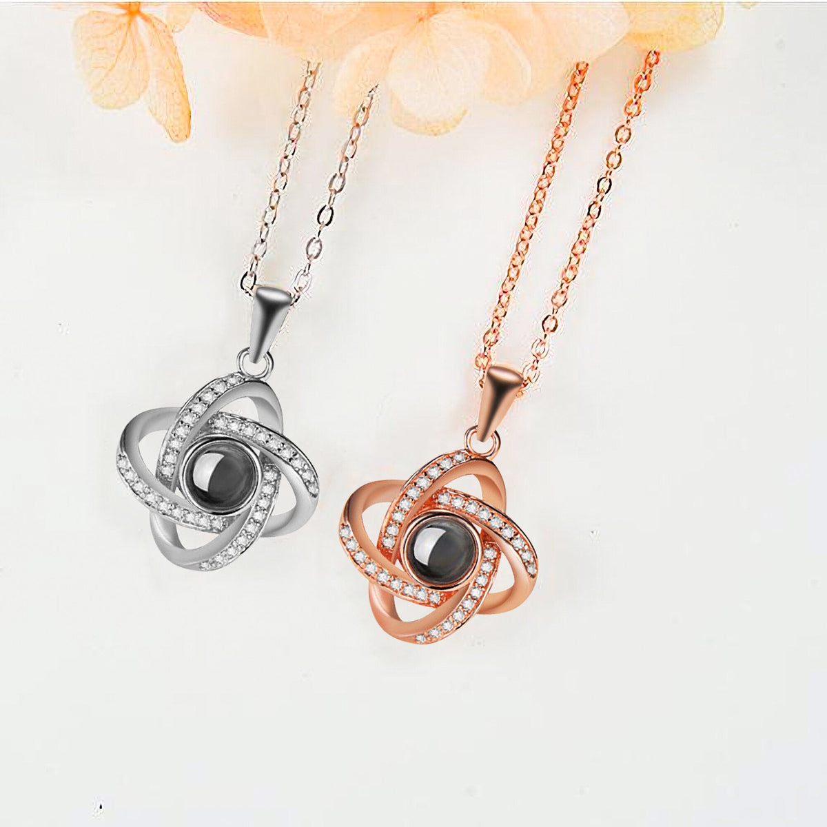 Personalized 4 Leaves Crystal Rose Projection Necklace Custom Photo Name Pendant - MERGE.DAY.1.FREESTYLE