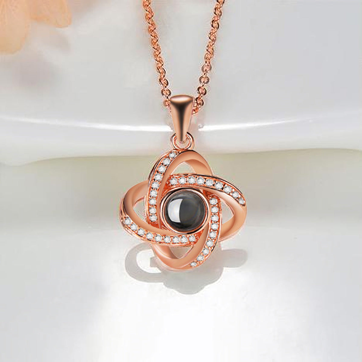 Personalized 4 Leaves Crystal Rose Projection Necklace Custom Photo Name Pendant - MERGE.DAY.1.FREESTYLE