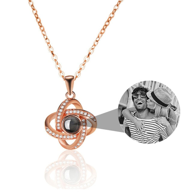 Personalized 4 Leaves Crystal Rose Projection Necklace Custom Photo Name Pendant - MERGE.DAY.1.FREESTYLE