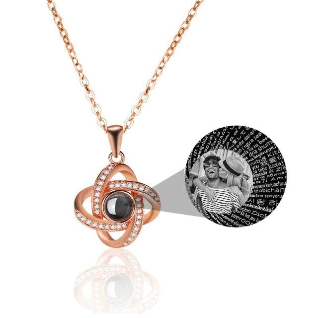 Personalized 4 Leaves Crystal Rose Projection Necklace Custom Photo Name Pendant - MERGE.DAY.1.FREESTYLE