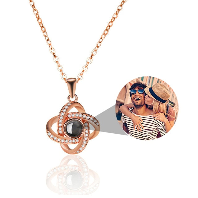 Personalized 4 Leaves Crystal Rose Projection Necklace Custom Photo Name Pendant - MERGE.DAY.1.FREESTYLE