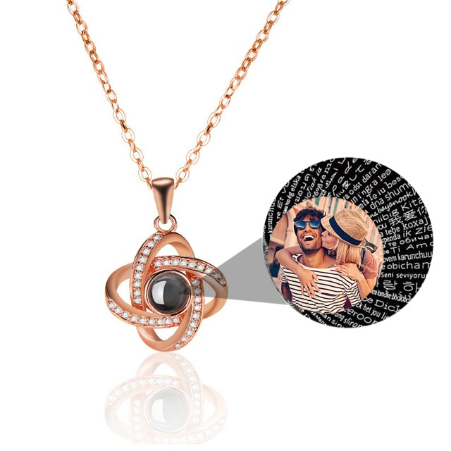 Personalized 4 Leaves Crystal Rose Projection Necklace Custom Photo Name Pendant - MERGE.DAY.1.FREESTYLE