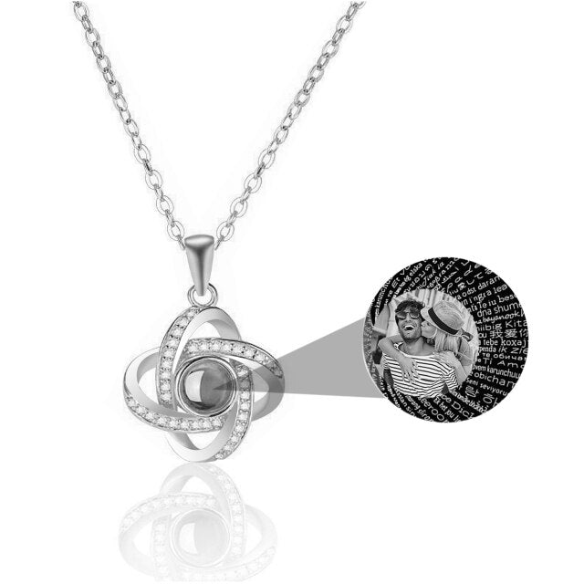 Personalized 4 Leaves Crystal Rose Projection Necklace Custom Photo Name Pendant - MERGE.DAY.1.FREESTYLE