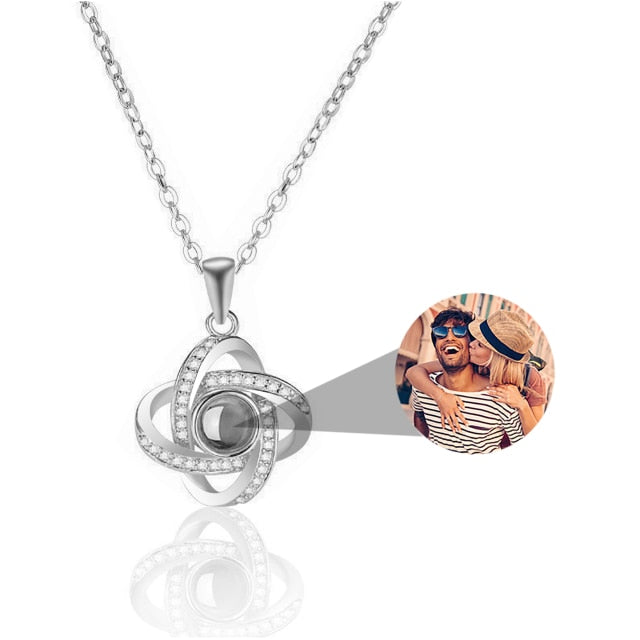 Personalized 4 Leaves Crystal Rose Projection Necklace Custom Photo Name Pendant - MERGE.DAY.1.FREESTYLE