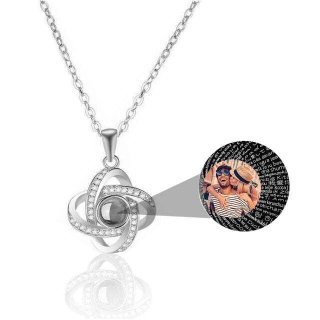 Personalized 4 Leaves Crystal Rose Projection Necklace Custom Photo Name Pendant - MERGE.DAY.1.FREESTYLE