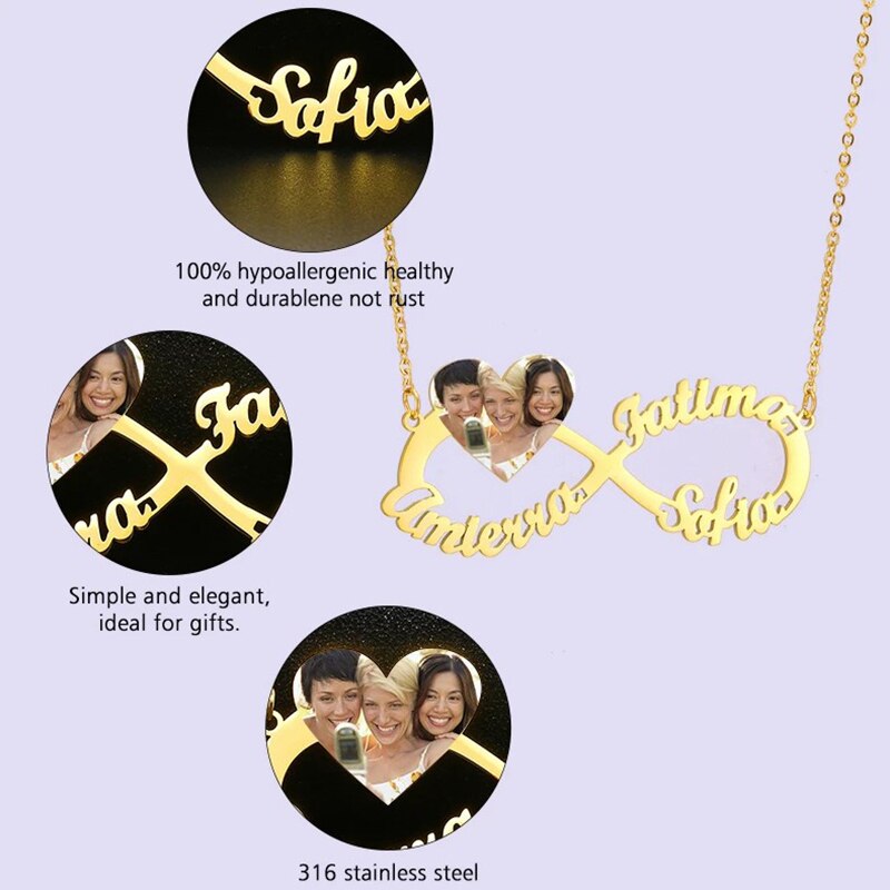 Personalized Steel Infinity Symbol Shape Heart Nameplate Necklace Custom Photo Text Engrave Name Pendant - MERGE.DAY.1.FREESTYLE