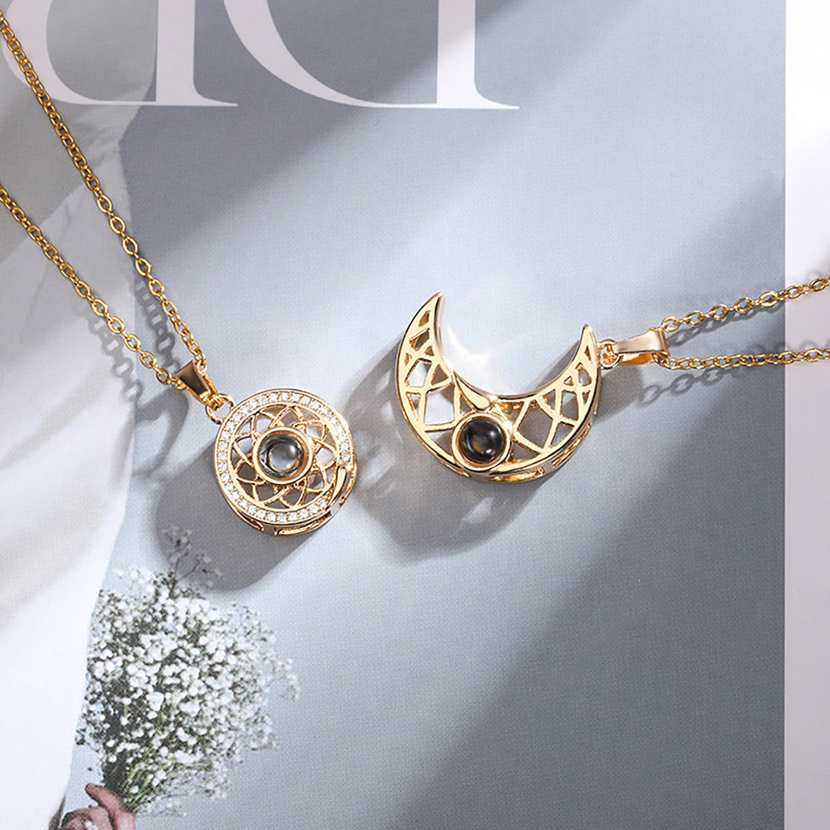 2pcs Personalized Sun Moon Couple Necklace Customized Photo Projection Pendant - MERGE.DAY.1.FREESTYLE