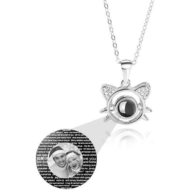 Cute Cat Shaped Projection Pendant Personalized Custom Photo Name Necklace - MERGE.DAY.1.FREESTYLE